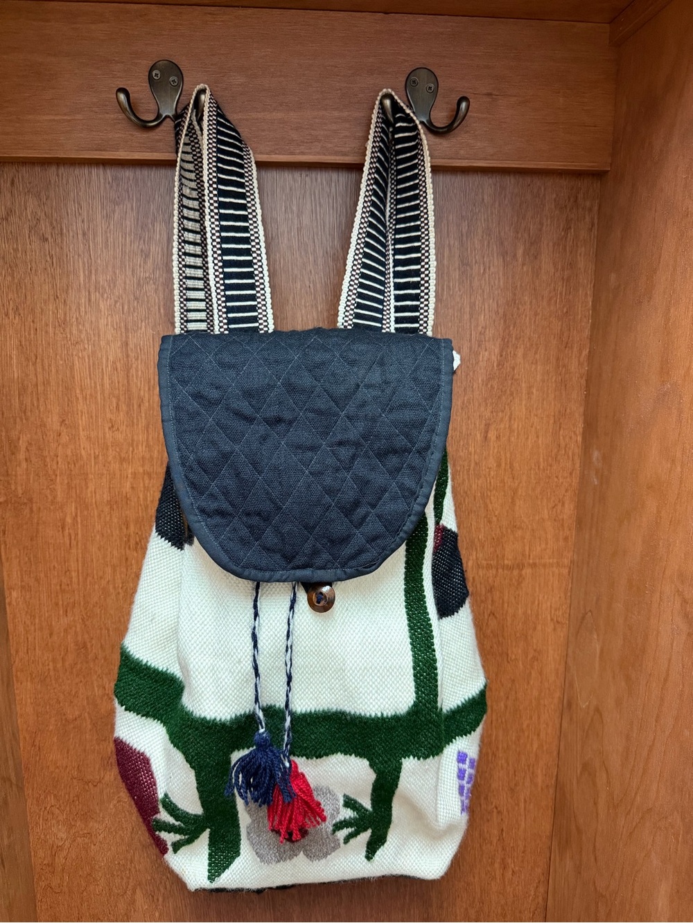 Handwoven Cream & Green Boho Backpack with Black Flap